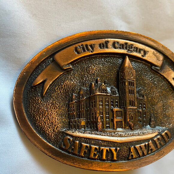 Vintage Brass City of Calgary Safety Award Belt Buckle Engraved 3" L x 2.25" W - Picture 4 of 5